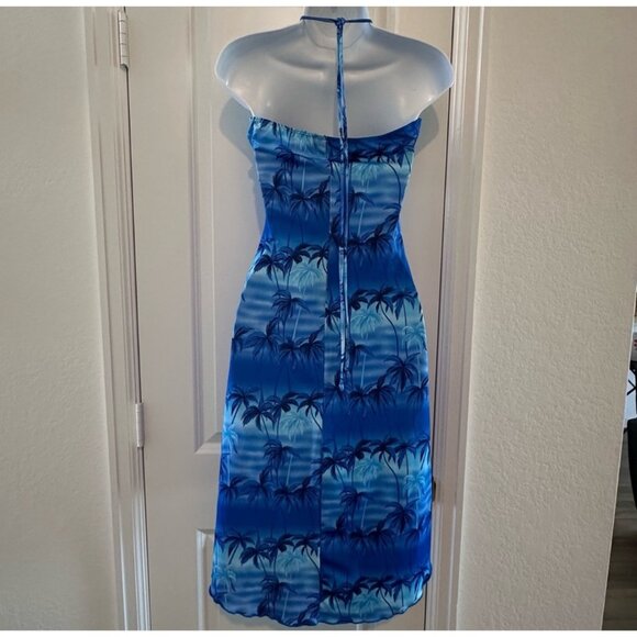 Halter Neck Blue Palm Tree Print Dress By Lipstick Damore - Picture 2 of 9